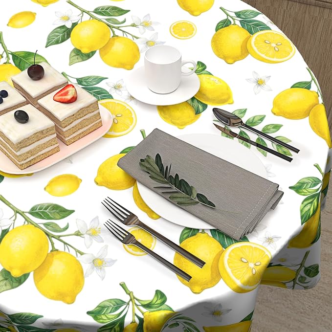 Sweetshow Yellow Lemon Table Cloth Round Fruit Tree Branches Leaves Flowers Bloom Bright Summer Tablecloth 60 Inch Decor Washable Stain and Wrinkle Spring Round Table Cover for Dining Picnic