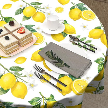 Sweetshow Yellow Lemon Table Cloth Round Fruit Tree Branches Leaves Flowers Bloom Bright Summer Tablecloth 60 Inch Decor Washable Stain and Wrinkle Spring Round Table Cover for Dining Picnic