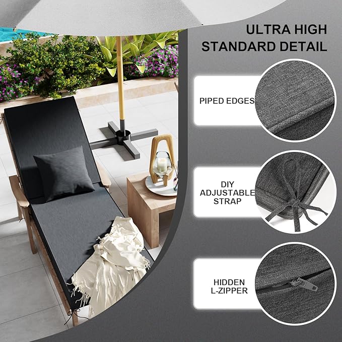 Outdoor Water-Resistant Olefin Chaise Lounge Cushions with Pillow, Weather and Fade Resistant Patio Furniture Lounge Chair Cushion Ideal for Patio, Lawn, Garden, Dark Gray, 72"L x 21"W x 5"T