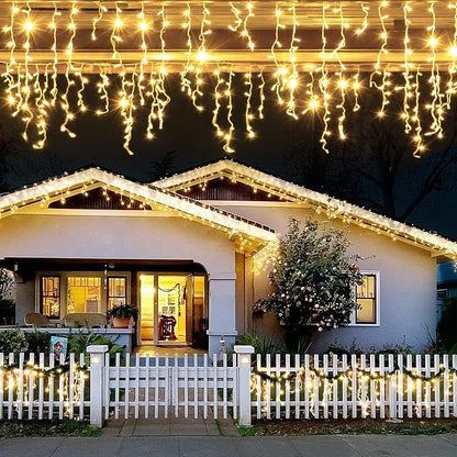 JMEXSUSS 200 LED Icicle Lights for Outside | Warm White 8 Modes Icicle Christmas String Lights Outdoor Waterproof for Xmas Roof Wedding Party Holiday Room Home Decor