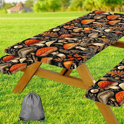 Picnic Table Cover with Bench Covers Elastic Edges, Black Mushroom Vintage Fitted Table Cover, Outdoor Patio Camping Essentials 3PCS, Waterproof Camping Tablecloth with Drawstring Bag 60in