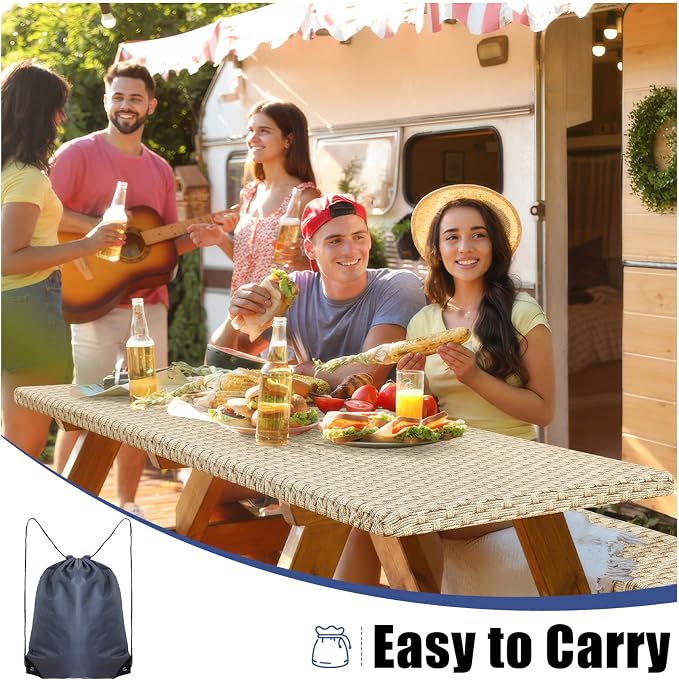 Smiry Picnic Table Cover with Bench Covers, Waterproof Elastic Fitted Tablecloth for 5 Foot Tables, Washable Polyester Tablecloths for Camping, Indoor & Outdoor (Champagne, 30x60 Inch 3-pc Set)