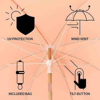 JONATHAN Y Horizon 6.5 ft. Scalloped Fringe Beach Umbrella, Coral Pink | UV 50 Sun Protection, Push Button Tilt, Matching Carry Bag, Wood Finish Iron Pole, Wind Vent, 8 Fiberglass Ribs, Pointed End