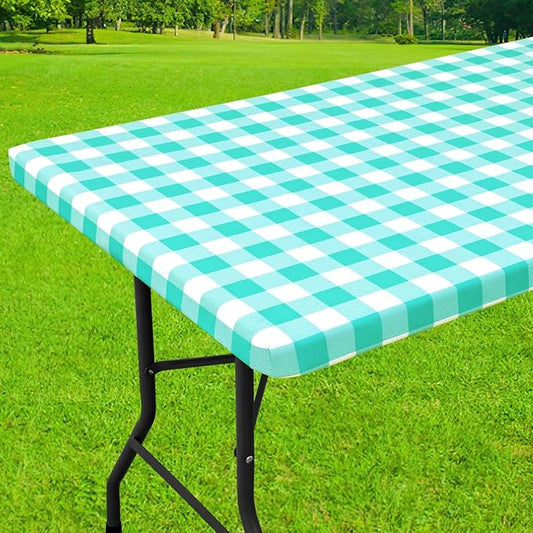 Smiry Rectangle Picnic Table Cloth, Elastic Waterproof Fitted Vinyl Tablecloths, Flannel Backed Buffalo Plaid Table Covers for Dining, Camping, Outdoor (White and Teal, 36" x 72")