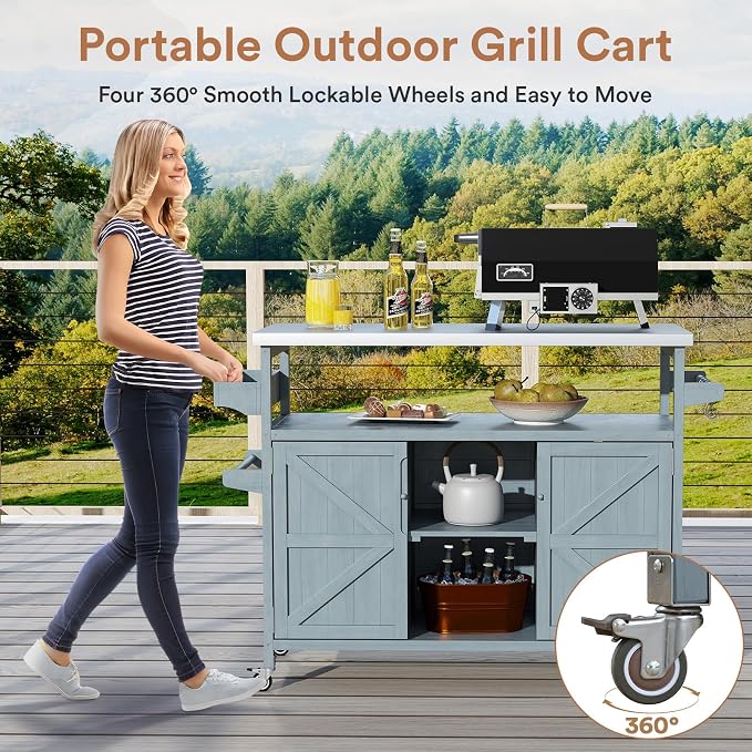 Zevemomo Outdoor Grill Cart with Storage, Lockable Casters, Gray-Blue | Stainless Steel Tabletop Outdoor Kitchen Island, Fir Wood Outdoor Buffet Cabinet for Kitchen & Barbecue