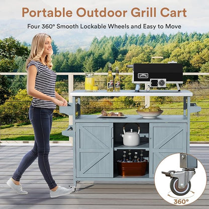 Zevemomo Outdoor Grill Cart with Storage, Lockable Casters, Gray-Blue | Stainless Steel Tabletop Outdoor Kitchen Island, Fir Wood Outdoor Buffet Cabinet for Kitchen & Barbecue