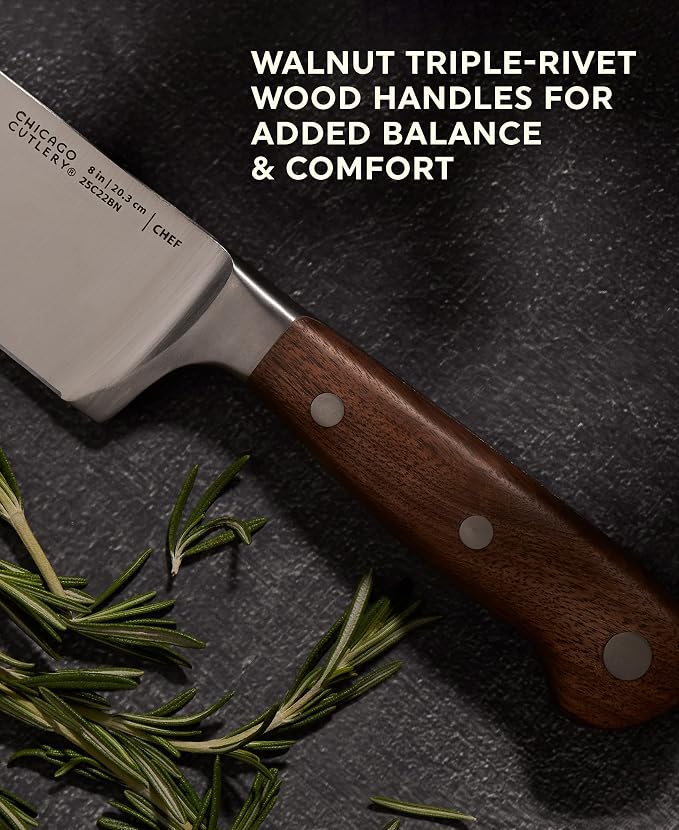 Chicago Cutlery Racine 12-PC Kitchen Knife Wood Block Set, Stainless Steel Knife Block Set, Steak Knives, Serrated, Chef, Utility, and Paring Knife, Removable Steak Knife Block, Walnut Handle