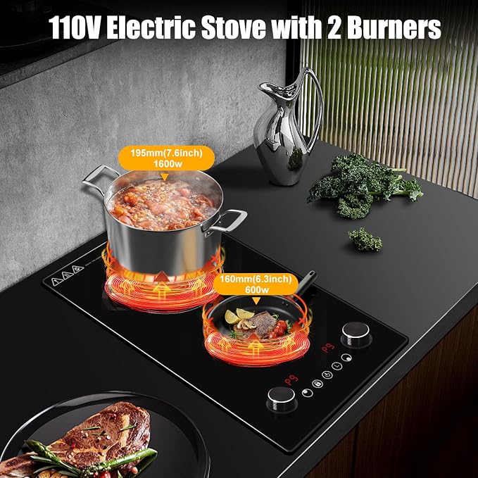 2 Burner Electric Cooktop,12 Inch Built-in Stove Top, 2200W,110V | Electric Cook Top, Knob Control, 9 Power Levels,Over-Temperature Protection