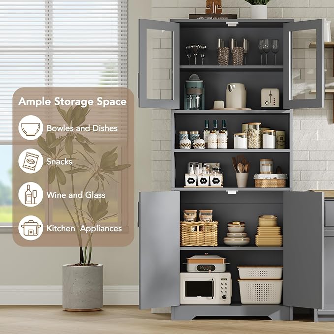 IDEALHOUSE 67" H Tall Storage Cabinet, Freestanding Bathroom Cabinet with 4 Doors and Adjustable Shelves,Modren Cupboard for Kitchen, Pantry, Living Room (Grey)