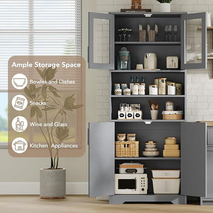 IDEALHOUSE 67" H Tall Storage Cabinet, Freestanding Bathroom Cabinet with 4 Doors and Adjustable Shelves,Modren Cupboard for Kitchen, Pantry, Living Room (Grey)