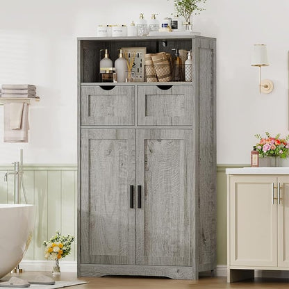 Iwell Storage Cabinet with 2 Drawers & 2 Adjustable Shelves | Kitchen Cabinet, Cupboard, for Living Room, Kitchen, Entryway, Home Office, Grey