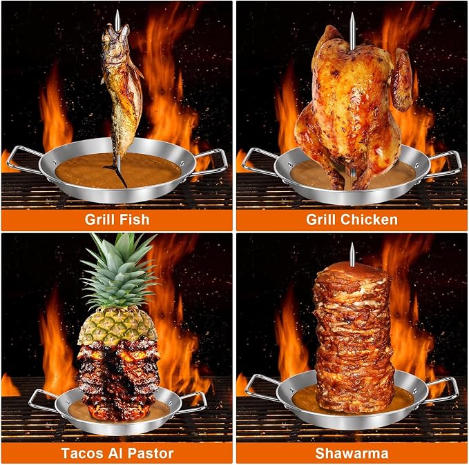 Al Pastor Skewer for Grill, 10 Inch Gyro Pan with Fat Separator | Brazilian Spit Stand with 5 Spikes & 2 Brushes, Stainless Steel Vertical Sticks for Tacos, Shawarma, Chicken on Smoker Oven