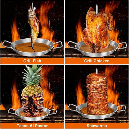 Al Pastor Skewer for Grill, 10 Inch Gyro Pan with Fat Separator | Brazilian Spit Stand with 5 Spikes & 2 Brushes, Stainless Steel Vertical Sticks for Tacos, Shawarma, Chicken on Smoker Oven