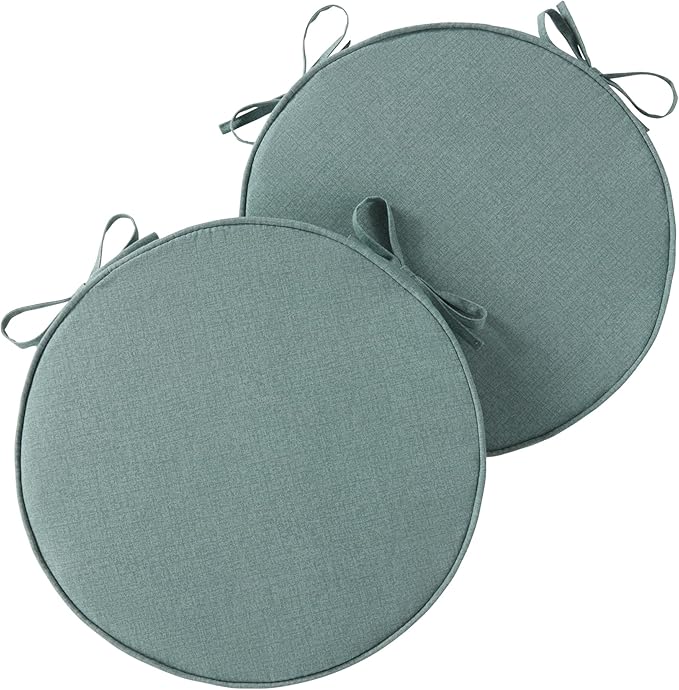 Set of 2 Outdoor 18 inch Round Patio Dining Chair Pads – Comfortable Fiber-Filled Seat Cushions with Ties, Reversible Polyester Fabric - Seaglass