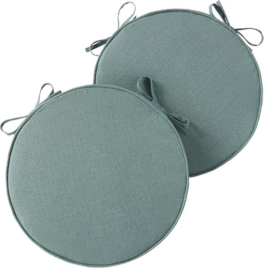 Set of 2 Outdoor 18 inch Round Patio Dining Chair Pads – Comfortable Fiber-Filled Seat Cushions with Ties, Reversible Polyester Fabric - Seaglass