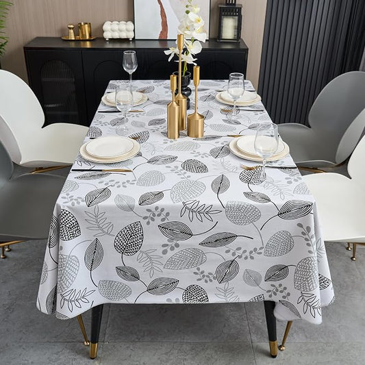 LIBERECOO Monochrome Leaf Whisper Vinyl Tablecloth with Flannel Backing Elegant Black & White Leaf Design Waterproof, Durable, Lightweight 54x72 Inch