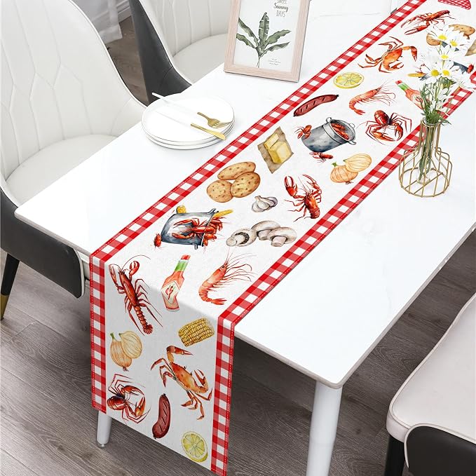Crawfish Boil Table Runner Buffalo Check Lobster Crab Seafood Boil Themed Birthday Party Decoration Dining Room Home Kitchen Decor (13" x 72")