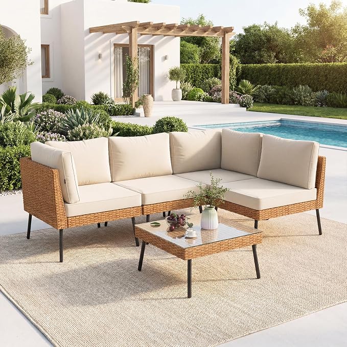 Aoxun 5-Piece Patio Furniture Set, Wicker Outdoor Furniture with Water Resistant Thick Cushions, Patio Conversation Set Outdoor Sectional Sofa with Coffee Table for Backyard Poolside, Beige