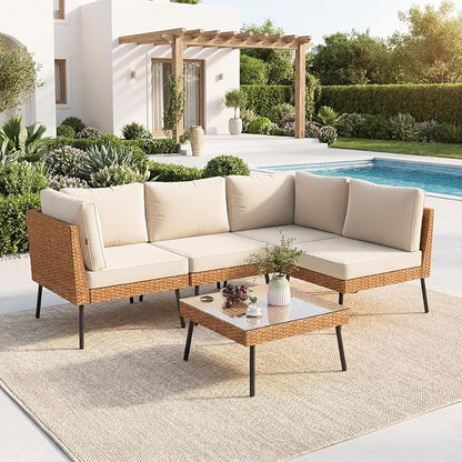 Aoxun 5-Piece Patio Furniture Set, Wicker Outdoor Furniture with Water Resistant Thick Cushions, Patio Conversation Set Outdoor Sectional Sofa with Coffee Table for Backyard Poolside, Beige