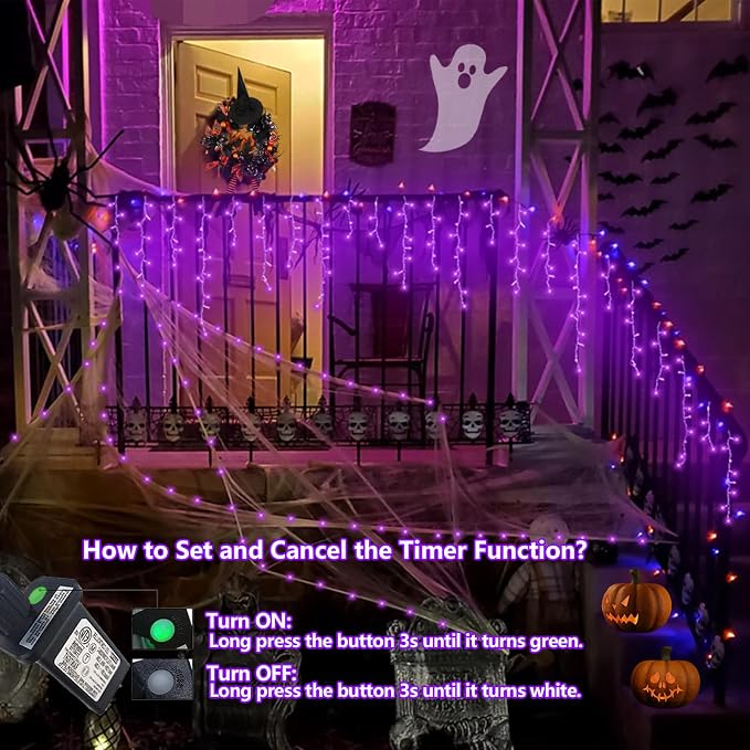 QITONG Purple Halloween Lights, 66ft 800 LED Icicle Lights for Outside Plug in, Clear Wire Connectable String Light Indoor with 8 Modes