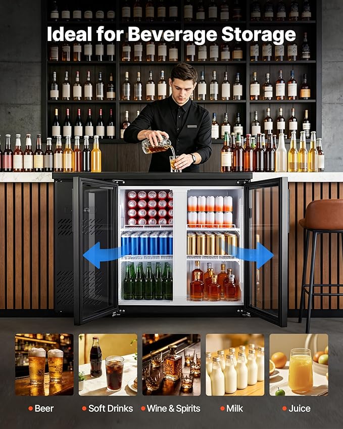 VEVOR Back Bar Cooler, 11.8 Cu. Ft Counter Height Beverage Refrigerator, Commercial Display Fridge w/ 2 Glass Doors, LED Lighting, Shelves, Fan Cooling Beer Wine Cooler for Pub, Merchandiser, Office