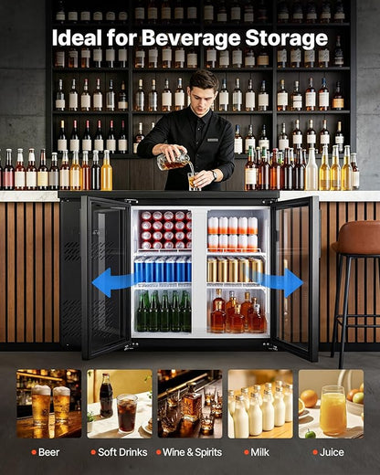 VEVOR Back Bar Cooler, 11.8 Cu. Ft Counter Height Beverage Refrigerator, Commercial Display Fridge w/ 2 Glass Doors, LED Lighting, Shelves, Fan Cooling Beer Wine Cooler for Pub, Merchandiser, Office