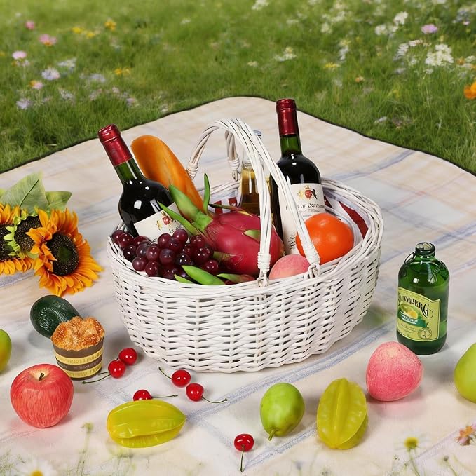 Wicker Picnic Basket 15"x11"x7" Insulated Liner Red White Stars | Insulated Zip Liner Helps Keep Drinks and Snacks Cool, Sturdy Woven Basket Suits Parks, Camping, Holidays and Gift Giving