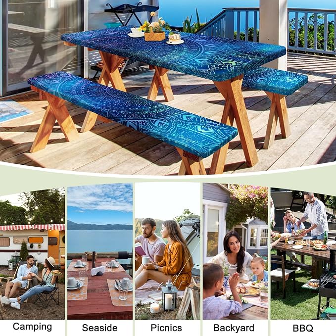 Picnic Table and Bench Cover Set, Waterproof Fitted Elastic Cloth | Portable Camping Essentials With Built-In Storage Pocket And Waterproof Fabric For Outdoor RV Or Picnic Table Use