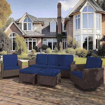 5 Pieces Patio Furniture Set, PE Wicker 75" Couch with 2 High Back Swivel Chairs & 2 Ottomans, All-Weather Rattan Furniture with Waterproof Cushions for Deck, Garden, Porch