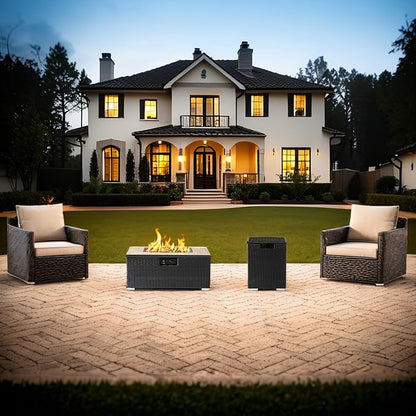 32in Gas Fire Pit Table Set, 50,000 BTU Propane Fire Pit Table Outdoor with Rain Cover, Hideaway Tank Holder Fits 20lb Tank, Gas Fire Pit for Outside w/Ceramic Tabletop and lid, Glass Rocks.