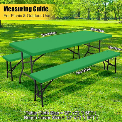 Smiry Picnic Table Cover with Bench Covers, Waterproof Elastic Fitted Polyester Tablecloths for 6 Ft Rectangle Tables, Washable Windproof Tablecloth for Camping, RV & Outdoor (Green, 30x72 Inches)