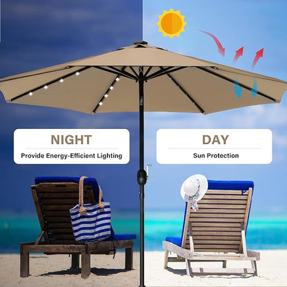 YSSOA 9' Solar Umbrella 32 LED Lighted Patio Umbrella Table Market Umbrellas with Push Button Tilt/Crank Outdoor for Garden, Deck, Backyard and Pool, Tan