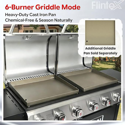 Flintex 6 Burner Propane Gas Grill Griddle Combo with Porcelain-Enameled Cast Iron Grates & Cast Iron Pan, Dual Outdoor BBQ Grill With Flat Top Griddle for Backyard Barbecue, 610 sq.in.