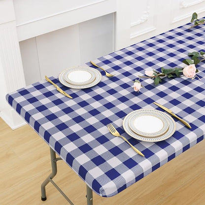 Buffalo Rectangle Picnic Tablecloth, 6 Foot Elastic Fitted Vinyl Table Cloth with Flannel Backing, Waterproof Plaid Table Covers for Dining, Camping, Outdoor (Navy and White, 30" x 72")