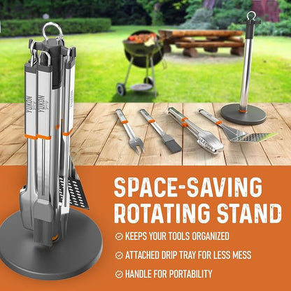 Yukon Glory BBQ Tool Set with Rotating Stand, Grill Station Organizer | 360-degree rotation, compact storage, carry handle and catch tray. Dishwasher safe.