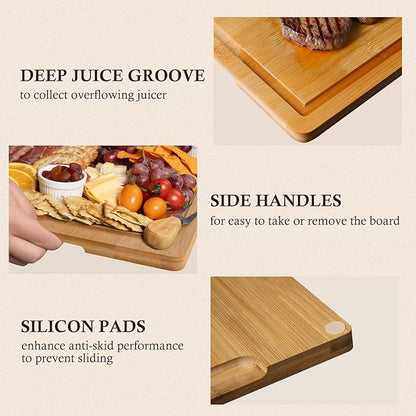 Bamboo Cutting Boards for Kitchen, 3 Piece Extra Thick Cutting Board Set with Juice Groove, Deep Carbonized Bamboo Chopping Board, Reversible Wood Cutting Board for Meat, Charcuterie & Serving