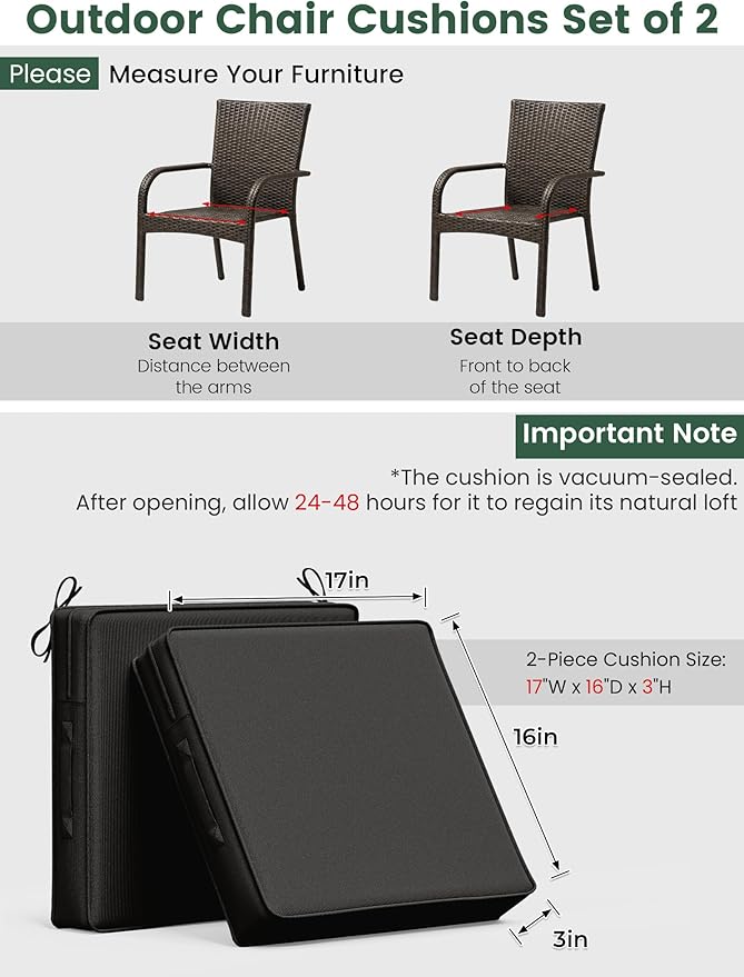 Outdoor Chair Cushion 17 x 16 x 3 Inches Patio Furniture Outdoor Waterproof Seat Cushion, Patio Chair Cushion with Handles and Ties, Square Dining Chair Cushion Set of 2, Black