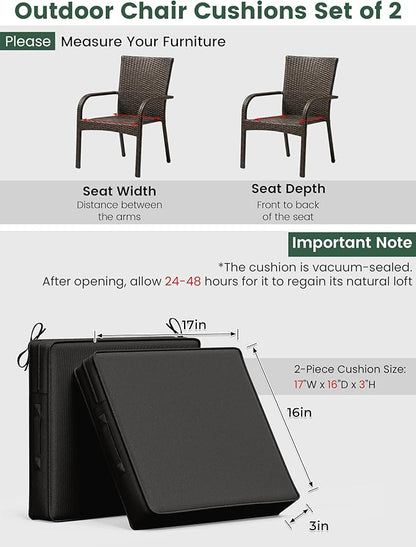 Outdoor Chair Cushion 17 x 16 x 3 Inches Patio Furniture Outdoor Waterproof Seat Cushion, Patio Chair Cushion with Handles and Ties, Square Dining Chair Cushion Set of 2, Black