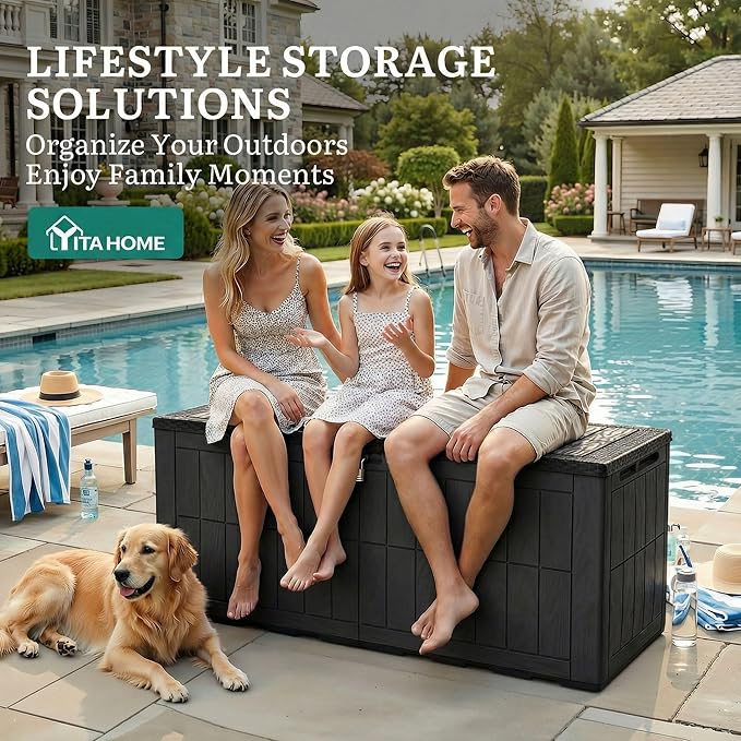 YITAHOME 134 Gallon Large Outdoor Storage Box with Lock, Waterproof Deck Box with Hydraulic Piston for Garden Tools, Pool Accessories & Cushions, Resin Deck Organizer with Bench Seat(Black)
