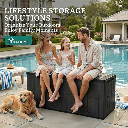 YITAHOME 134 Gallon Large Outdoor Storage Box with Lock, Waterproof Deck Box with Hydraulic Piston for Garden Tools, Pool Accessories & Cushions, Resin Deck Organizer with Bench Seat(Black)