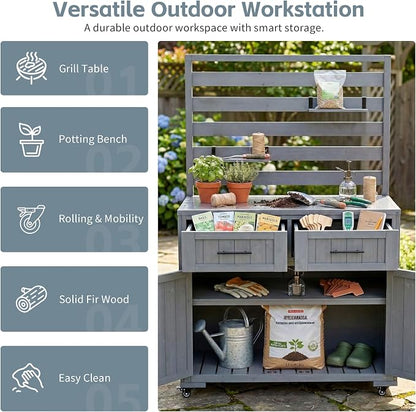 65 Inch Patio Kitchen Island with Stainless Steel Top, Gray | Gray fir wood, stainless steel top, garden or patio, 2 drawers, 3 movable shelves, cabinet, lockable wheels, 41.7 in L