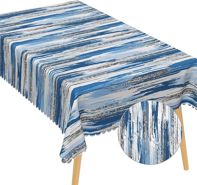 Abstract Striped Rectangle Tablecloth 60x102 Inch Blue and White Old Texture Grunge Stripes Vintage Mosaic Dust-Proof Table Cover Protector for Home Kitchen Restaurant Picnic Camping BBQ