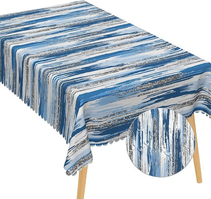 Abstract Striped Rectangle Tablecloth 70x140 Inch Blue and White Old Texture Grunge Stripes Vintage Mosaic Dust-Proof Table Cover Protector for Home Kitchen Restaurant Picnic Camping BBQ