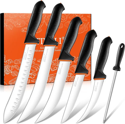 TIVOLI Butcher Knife Set 6pcs - Game Processing Knife Set with 7" Sharpener Rod - Non-Slip Softgrip & German Stainless Steel - Skinning Boning Trimming Poultry Knives for Meat Cutting - Gifts for Men