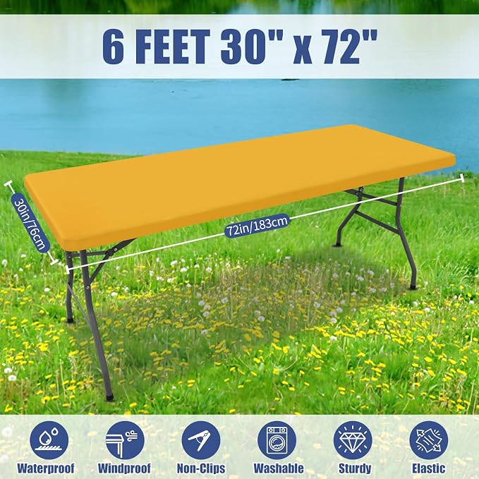 Moosfor 2 Pack Rectangle Spandex Fitted Table Cloth, 6FT Elastic Tablecloth | Washable Picnic Table Cover, Stretch Waterproof Table cloths for Party, Patio, Dining, Kitchen, 30" x 72", Mustard Yellow