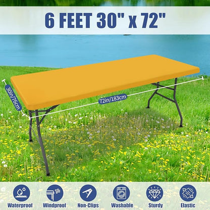 Moosfor 2 Pack Rectangle Spandex Fitted Table Cloth, 6FT Elastic Tablecloth | Washable Picnic Table Cover, Stretch Waterproof Table cloths for Party, Patio, Dining, Kitchen, 30" x 72", Mustard Yellow