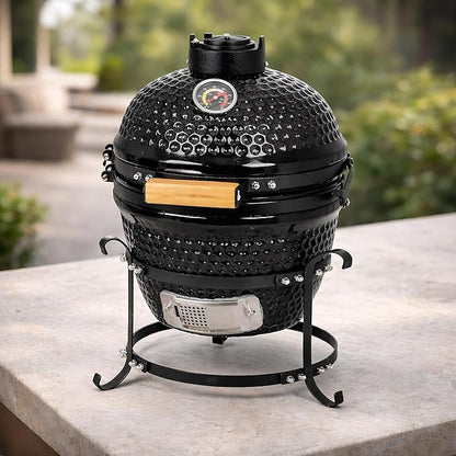 13-in W Kamado Grill with Built-in Thermometer, Oval Grill with Cast Iron Grates, Bamboo handle, Portable Ceramic Grills with Low Stand for Backyard, Patio, Deck grilling, Black
