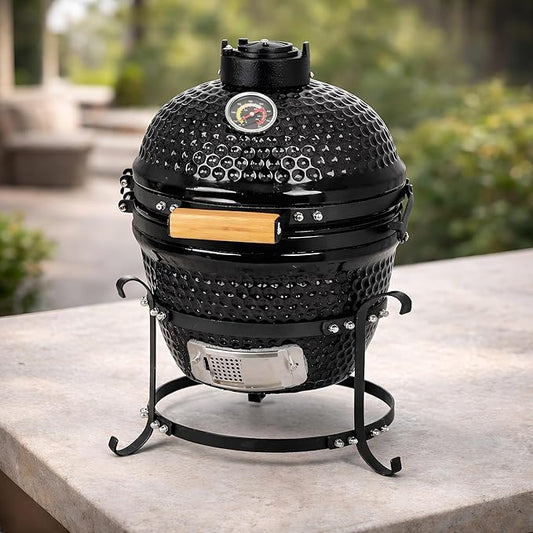 13-in W Kamado Grill with Built-in Thermometer, Oval Grill with Cast Iron Grates, Bamboo handle, Portable Ceramic Grills with Low Stand for Backyard, Patio, Deck grilling, Black