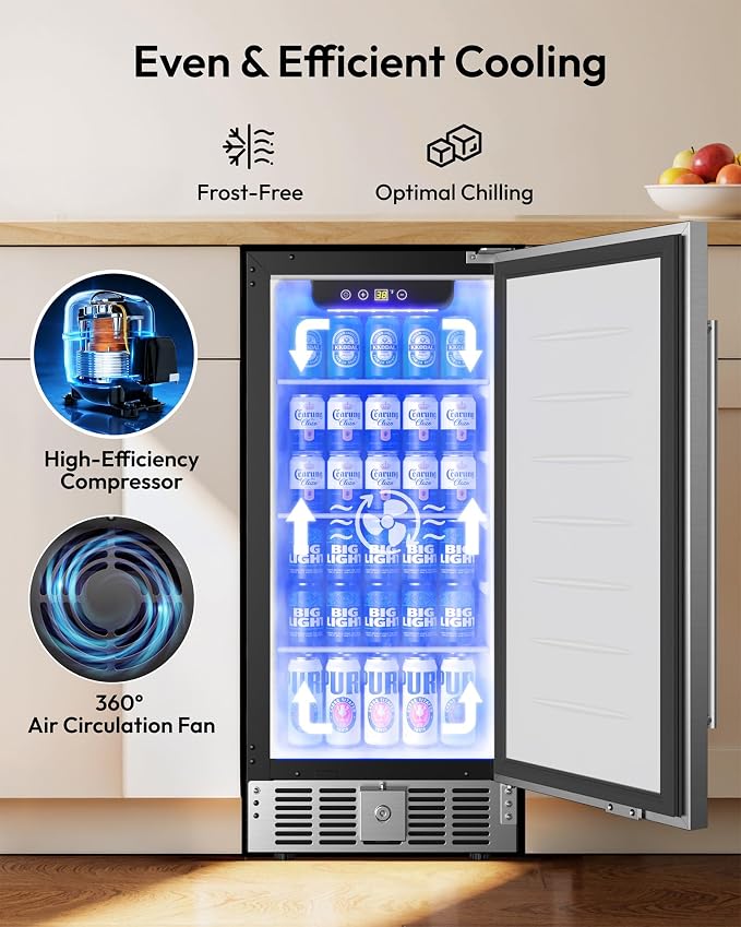 EUHOMY 15 Inch Under Counter Beverage Refrigerator, 127 Can Beverage Fridge with Stainless Steel Door, Beverage Cooler Built-in, Drink Fridge for Soda Beer and Wine