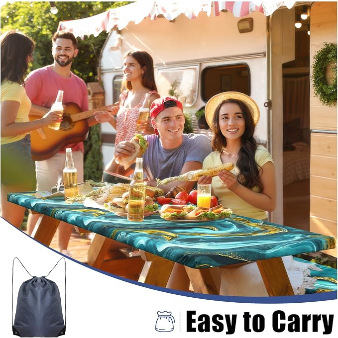 Smiry Picnic Table Cover with Bench Covers, Waterproof Elastic Fitted Tablecloth for 8 Foot Tables, Washable Polyester Tablecloths for Camping, Indoor & Outdoor (Teal & Gold, 30x96 Inch 3-pc Set)